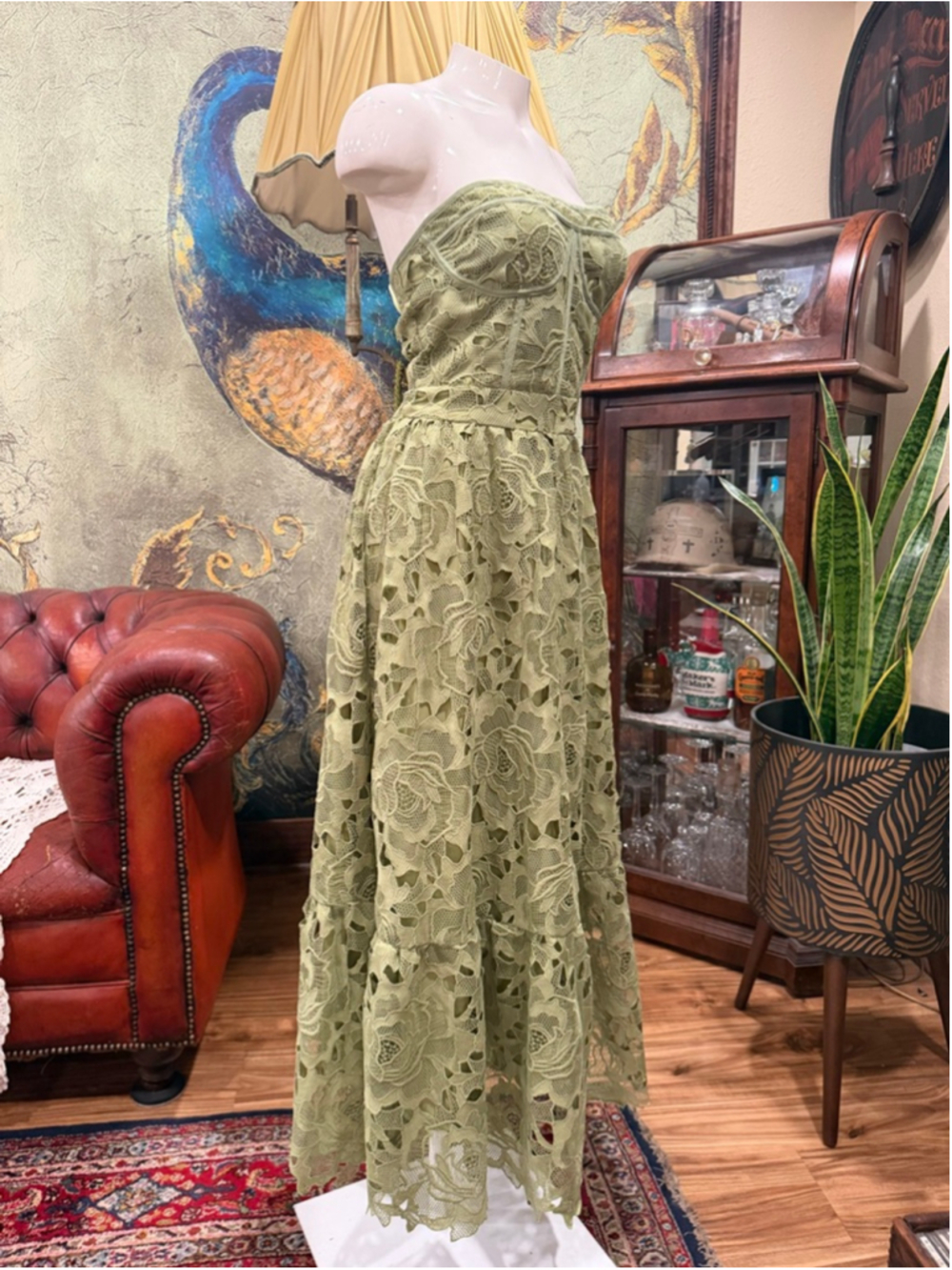 Glam Sage Green Lace Corset Maxi Dress Strapless Cutout Crochet Floral XL Summer - Picture 4 of 11